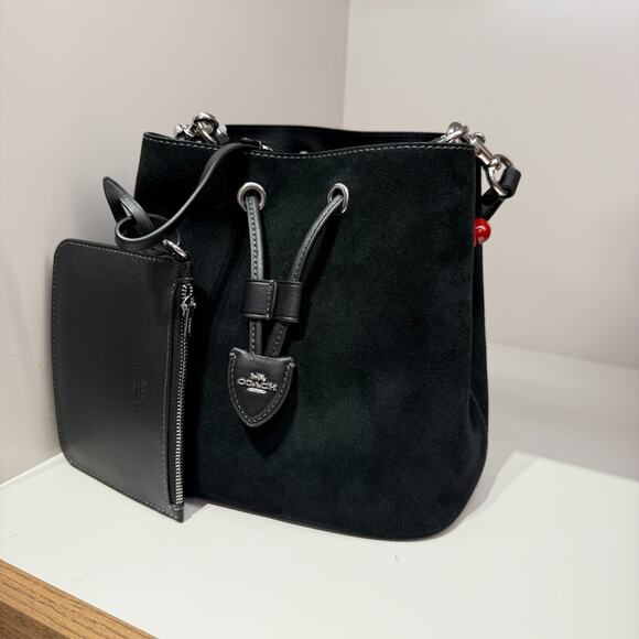 Coach Rowan Bucket Bag With Cherry Charm CCZ89 Suede/Silver/Black - Picture 2 of 10